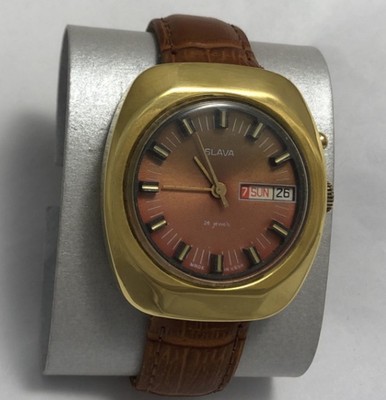 Vintage gold plated wristwatch Slava lilac 26 stones With double calendar...