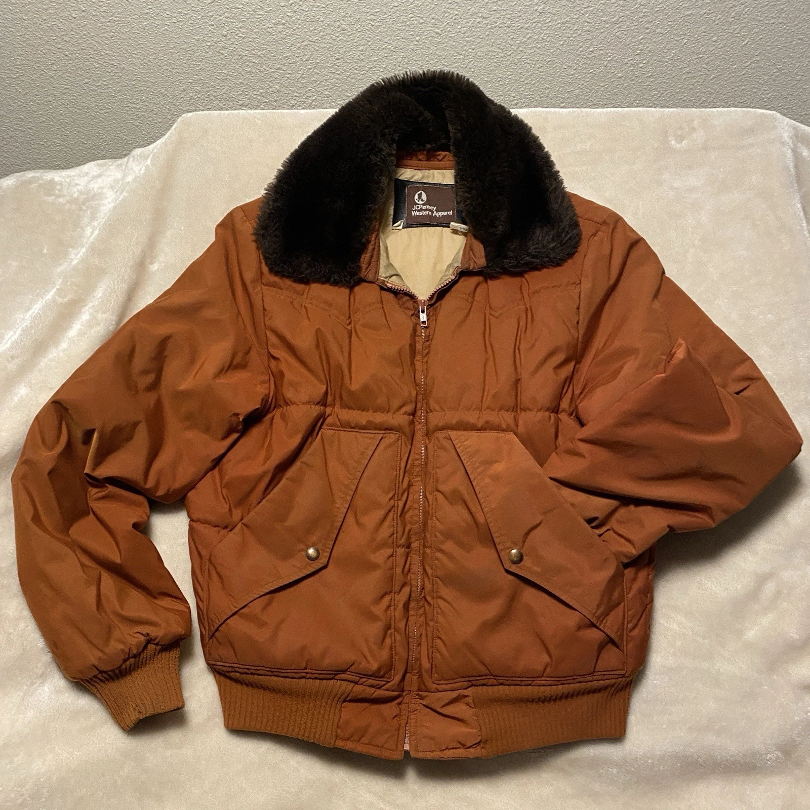 JCPenney Western Puffer Jacket Faux Fur Collar Rust Men size M Retro Bomber 70s image 3