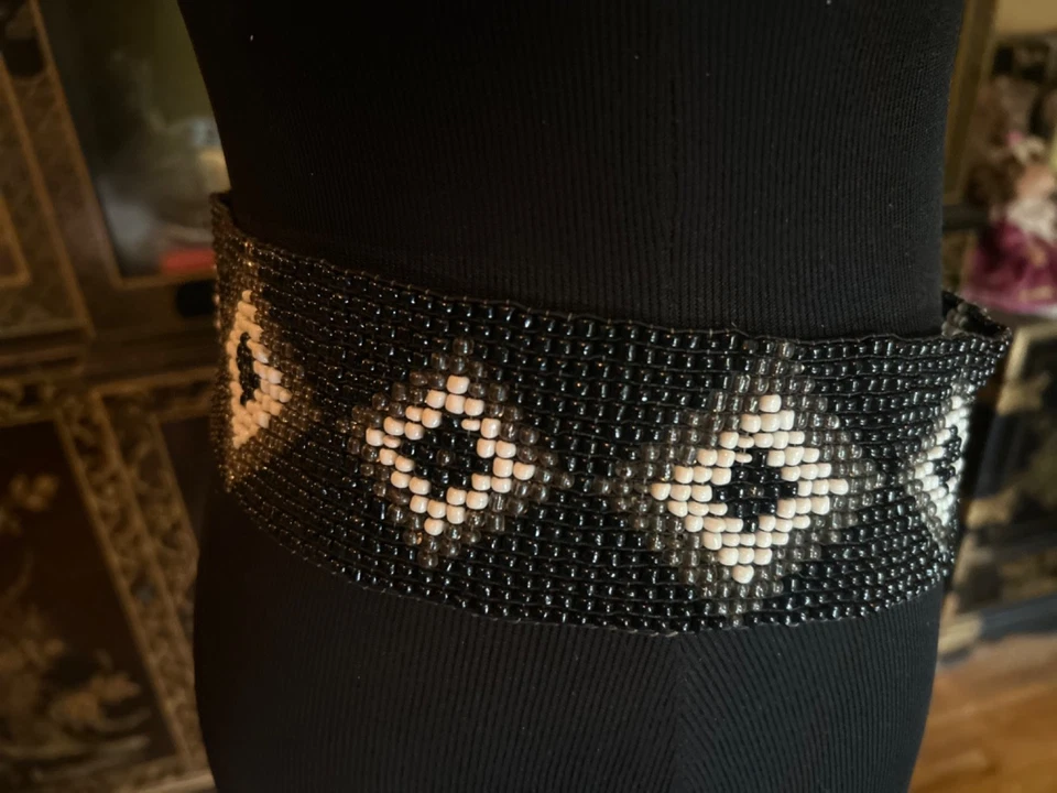 Cinto de fivela elástica larga com miçangas preto branco anos 70 tecido feito à mão nativo - Imagem 4 de 4