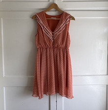 Dahlia M Coral & White Polka Dot V-Neck Pinafore Dress Viscose Short