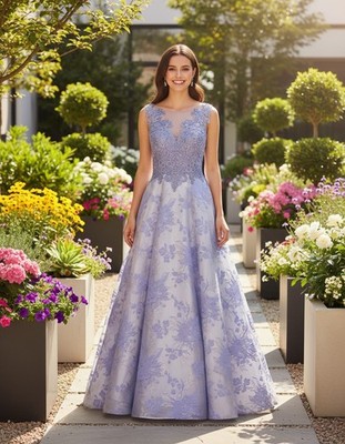 Long Periwinkle Brocade Lace Dress Size 12 Pleated Holiday Gown Formal Dress  | eBay