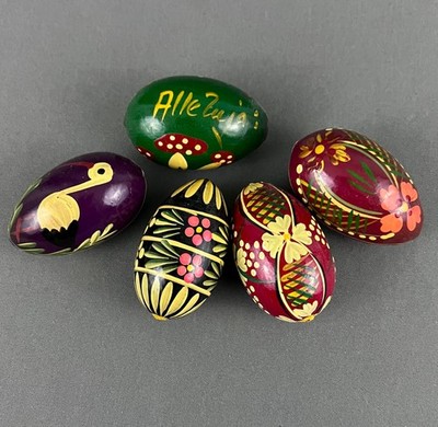 Vintage Hand Painted Polish Wooden Easter Eggs Lot of 5 Pysanky Pisanki 2.25 in