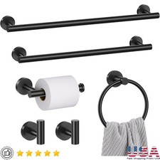 Black Towel Bar Set Stainless Steel Bathroom Accessories Hooks Ring Holder New