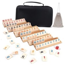 Upgraded Rummy Cube Board Game Set with 6 Wooden Racks, 160 Tiles, 2-6 Players