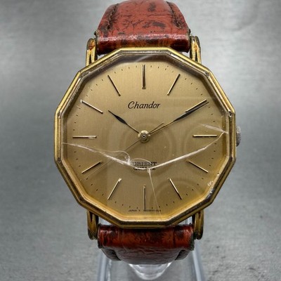 Orient Chandor Watch Men 30mm Gold Dial Gold Tone Round New Battery Vintage