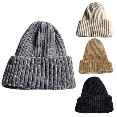Autumn Street Knitting Beanie Hat Women Chenille Velvet Solid Color Skull Cap