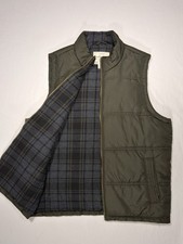 Weatherproof Vintage Mens L Olive Green Puffer Vest Plaid Lined Quilted Full Zip
