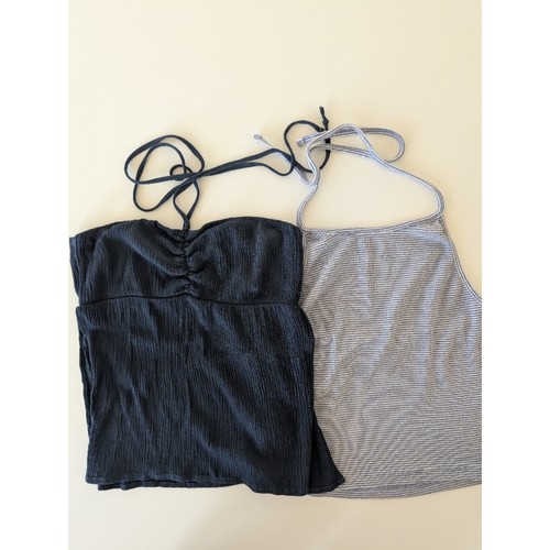 Bundle of 2 Brandy Melville Halter Tops | Blue Micro-Striped & Dark Blue Gauze
