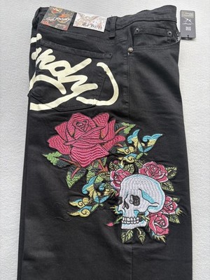 NWT Ed Hardy Black Jeans Size 32 Skull Rose Graphics Embroidered