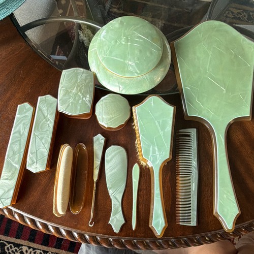 Vintage Green Cracked Ice Celluloid Vanity Set w Mirror Hair Brush Comb