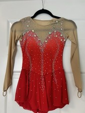Girls 8 10 Red Rhinestone Figure Skating Competition Dress Nude Mesh