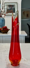 COOL VINTAGE MCM L.E. SMITH RED AMBERINA SMOOTHIE SWUNG GLASS VASE 13 IN.