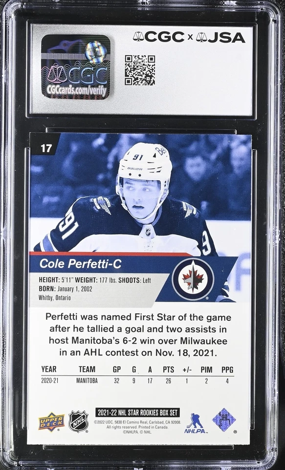 2021-22 UPPER DECK STAR ROOKIES #17 COLE PERFETTI SIGNED CARD CGC JSA 8/9 AUTO - Image 2 of 2