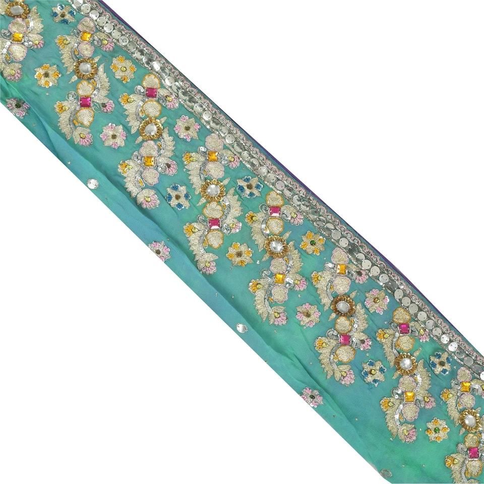 Sanskriti Vintage Sari Borde Cuentas a Mano Artesanal 1Yd Borde Decoración Encaje 4W Azul Foto 2 de 4