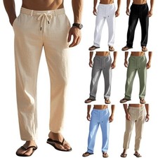 New Men Casual Elastic Waist Loose Linen Pants Summer Soft Cotton Baggy Trousers