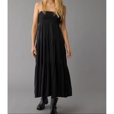 American Eagle Black Smocked Midi Dress Large Boho Tiered Sundress