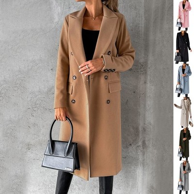 Double Breasted Lapel Coat Winter Fashion Solid Slim Long Jacket Long Sleeve Top