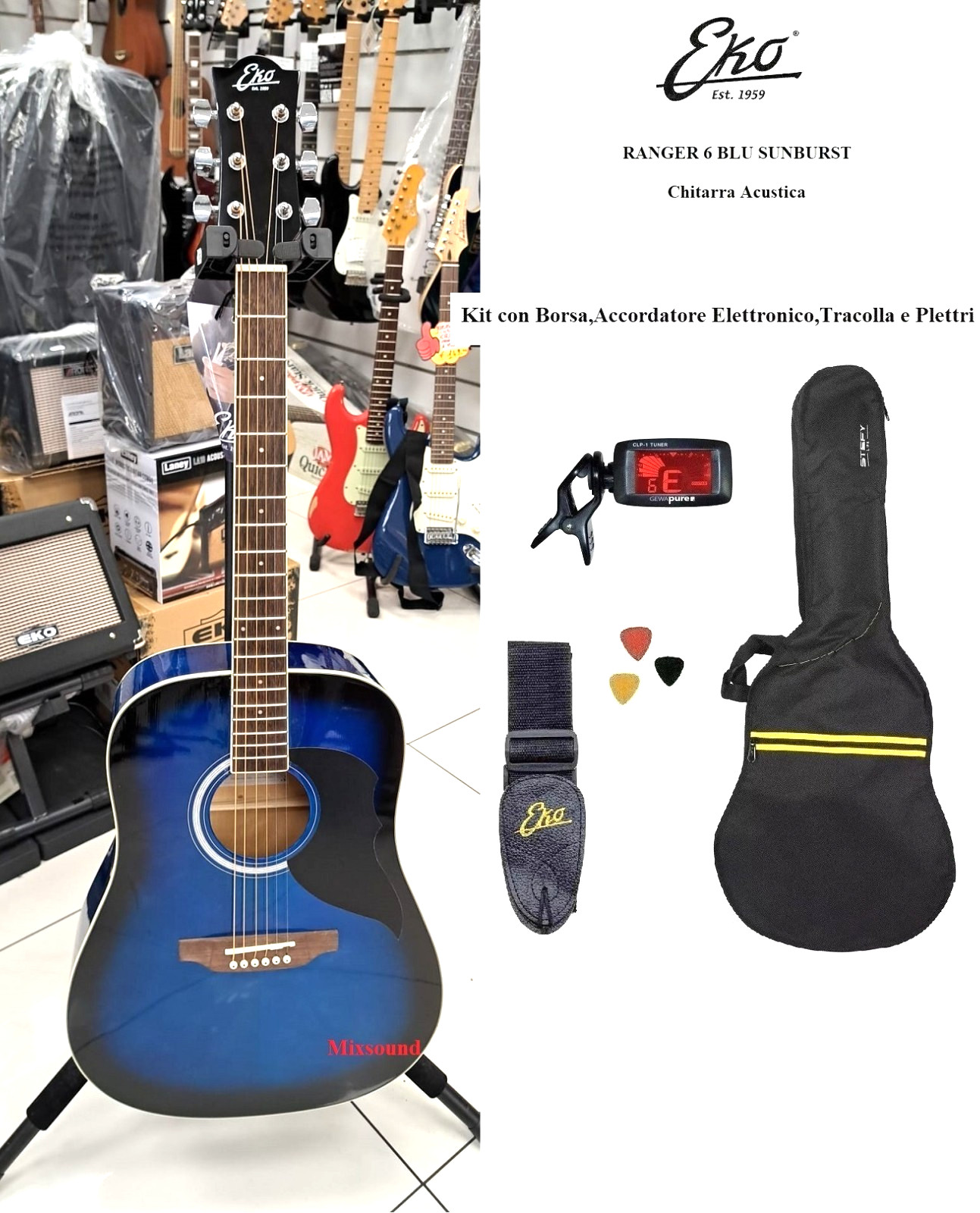 Eko Ranger 6 Chitarra Acustica Blu Sunburst con Borsa