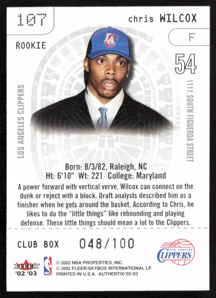 2002-03 Fleer Authentix Club Box No/100 Chris Wilcox No107 Rookie Clippers - Изображение 2 из 2