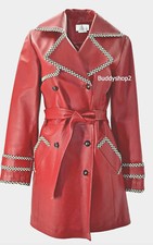 Vintage Spiegel Leather Coat Red Wine Hounds Tooth Trim Lined Belted Size 4