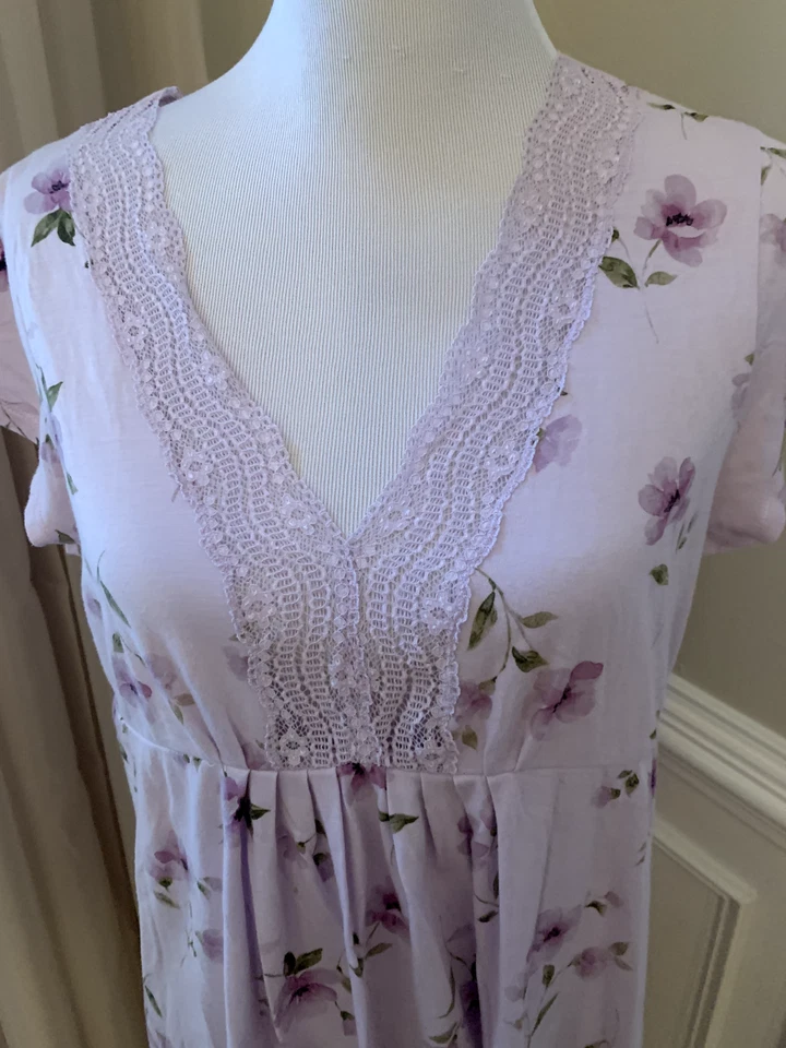 Liz Claiborne Camisón Mediano M Vestido Mezcla Algodón Punto Morado Floral Encaje Foto 2 de 4