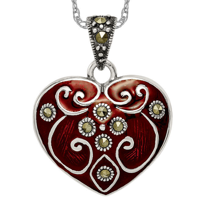 925 Sterling Silver Red Marcasite Heart Necklace