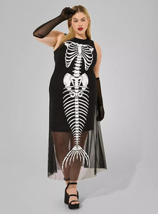 plus size mermaid skeleton dress Plus Size Halloween Skeleton Mermaid Costume Black Off Shoulder Knitted Maxi Dress