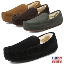 Men's Suede Sheepskin Warm Fur Slippers Moccasin Slip-on Casual Loafers Shoes