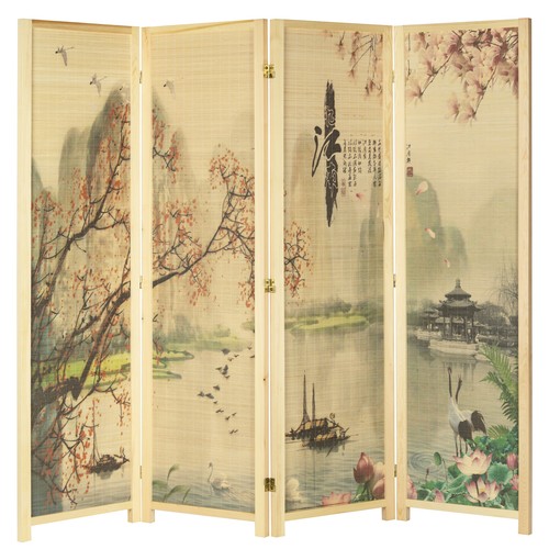 Asian-Inspired Bamboo-Screen 4-Panel Room Divider with Cherry Blossom Scene - Picture 3 of 4