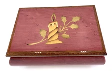 Mapsa Swiss Music Box Jewelry White Christmas Wood Inlay Candle Footed Italy 6"