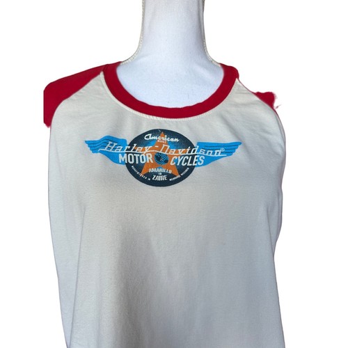 Harley Davidson Women’s Baseball Shirt Top Red Off White Plus Size 2W Rhinestone - Picture 8 of 12