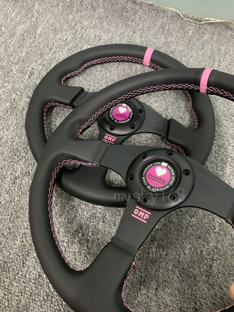 Pink OMP Lychee Genuine Leather Stitching Flat Sport Steering