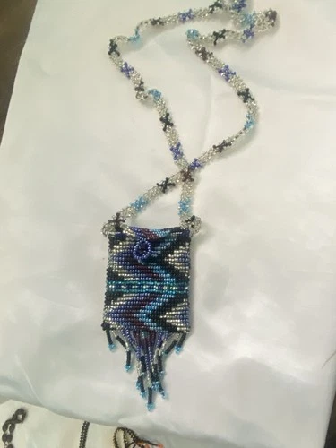 Handmade Beaded Pendant Necklace, Blue Silver Black Rectangle Charm - product listing photo