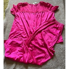 Adonna Hot Pink Satin Pajama Set XL Lace Trim Ruffle Button Front Made in USA