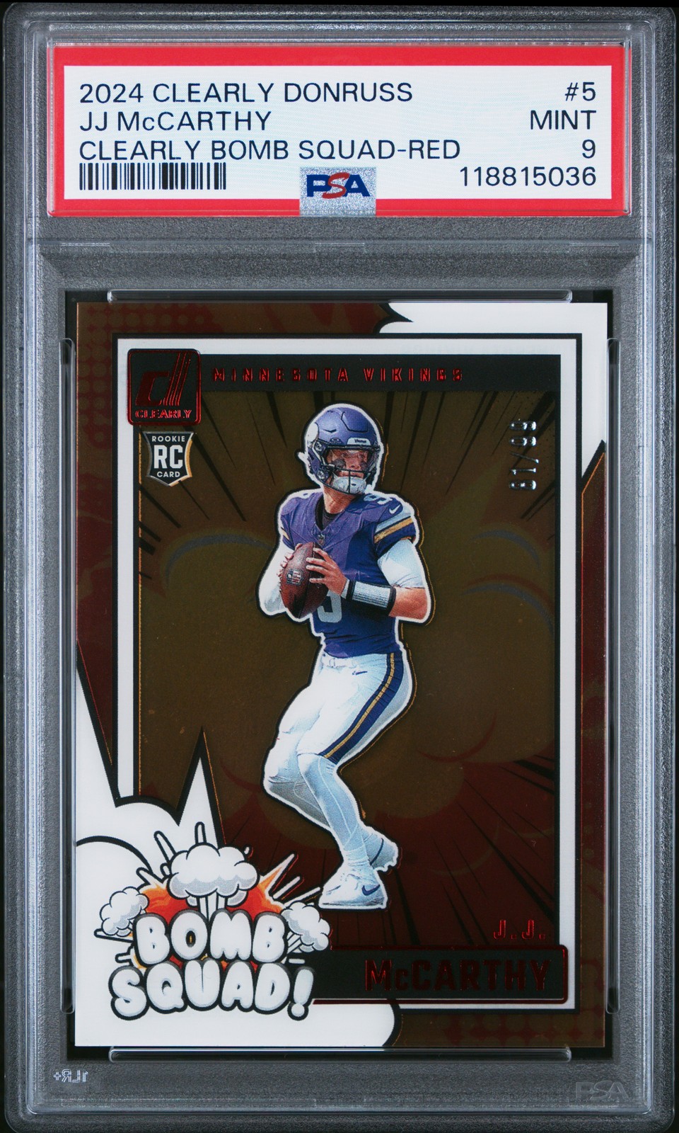 PSA 9 2024 Clearly Donruss Clearly Bomb Squad #5 JJ McCarthy Vikings RED #/99
