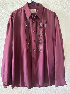 Vtg Womens Maroon Silk Western Style Long Sleeve Shirt ''L'' Hand washable