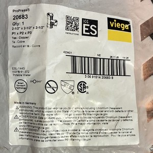 Viega ProPress Copper Tee 2-1/2 in MPN 20683 Smart Connect Zero Lead Qty 1