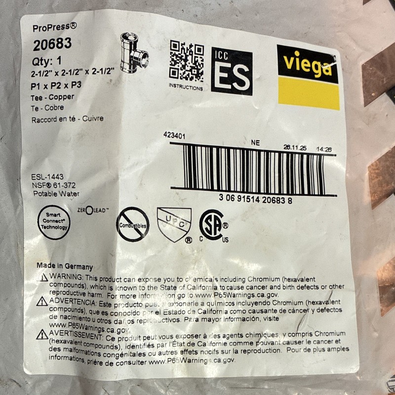 Viega ProPress Copper Tee 2-1/2 in MPN 20683 Smart Connect Zero Lead Qty 1