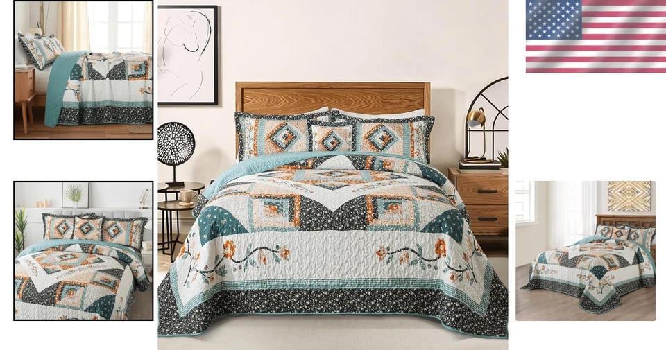 Floral Cotton Twin Size Bedspread Set - Lightweight Quilt XL - Image 2 of 4