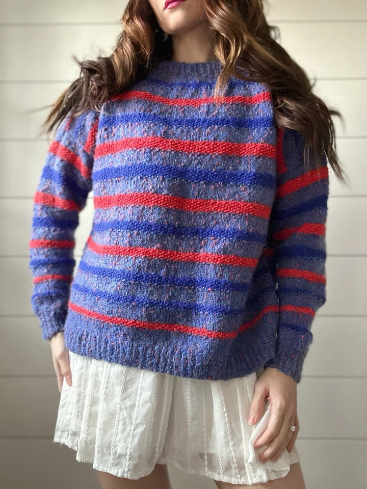 Suéter Vintage Hecho a Mano Rayas Grueso Tejido Azul Rojo Pullover Foto 4 de 4