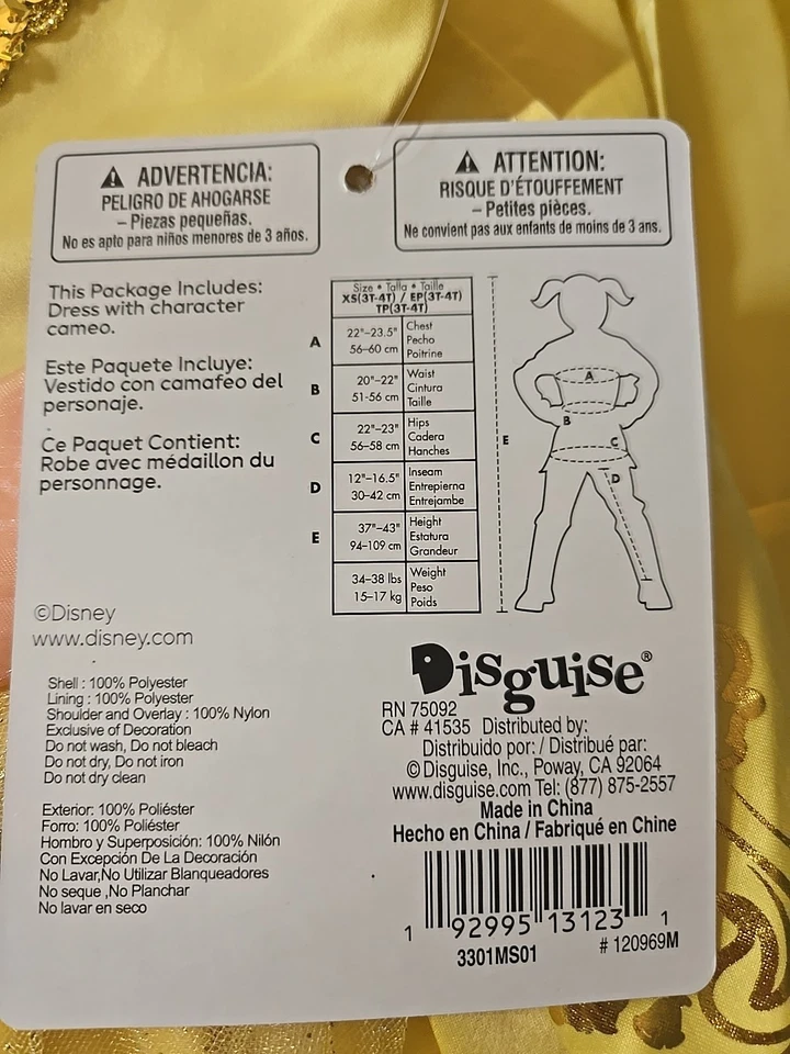 FATO DE HALLOWEEN PRINCESA BELLE BEAUTY AND THE BEAST NOVO COM ETIQUETAS DISNEY TAMANHO XS 3T-4T - Imagem 2 de 2