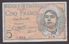 [VF, No Tears or Holes] 1944 Algeria 5 Francs P-94a [A10-2]