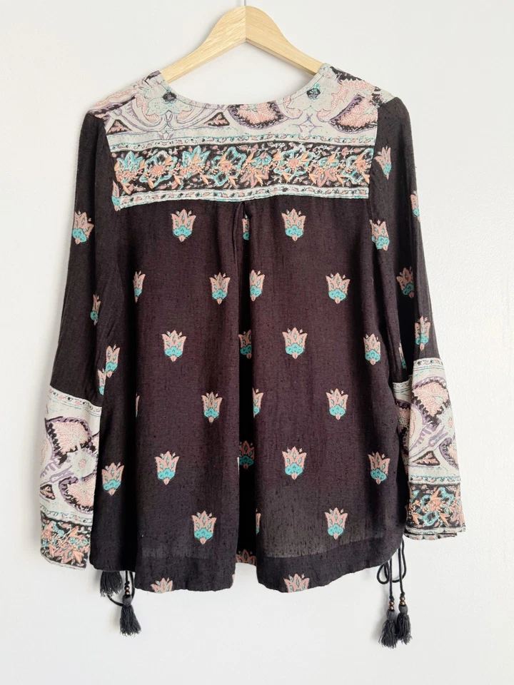 Free People Bandana Bandido Bordado Campesino Top Talla 6 Negro Boho Festival Foto 4 de 4