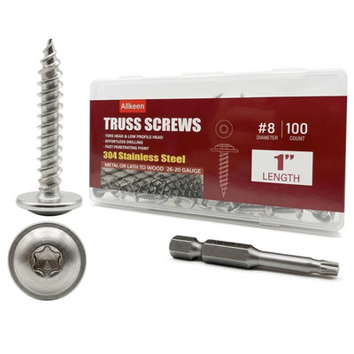 (100 Pcs) #8×1'' T20 Torx Head Wood Screws 304 Stainless Steel Self Tapping Truss
