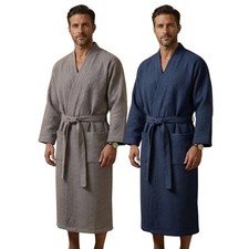 Mens Bath Robe Lightweight Textured Knitted Waffle Wrap Dressing Gown Housecoat