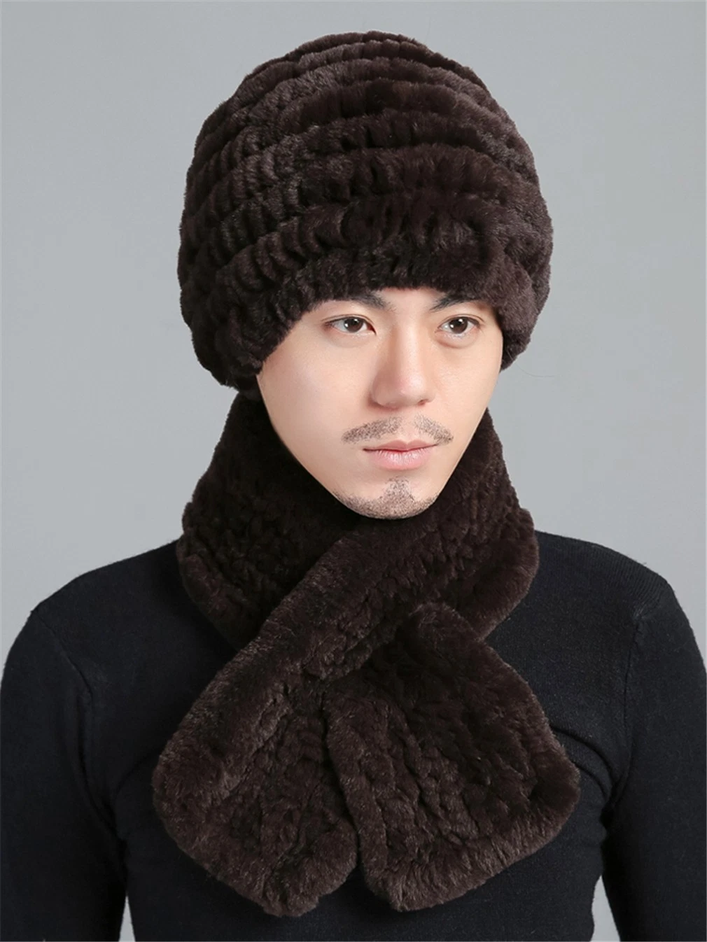 100% Real Rabbit Fur Hat and Scarf Thicken Winter Warm Knitted Cap for Men