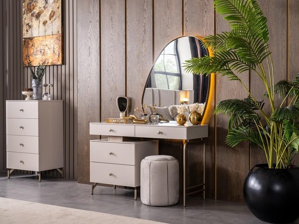Schlafzimmer Set Schminktisch Sitzhocker Spiegel Modern Beige Stilvoll-image