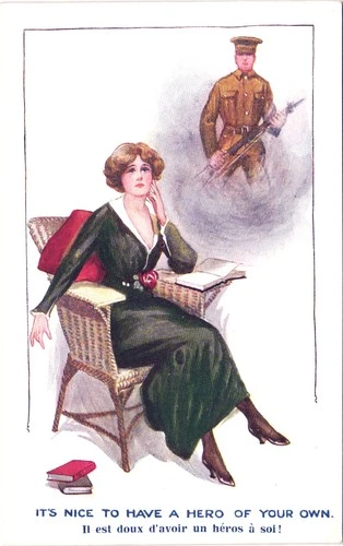 IT'S NICE TO HAVE A HERO antique ww1 military romance postcard artist