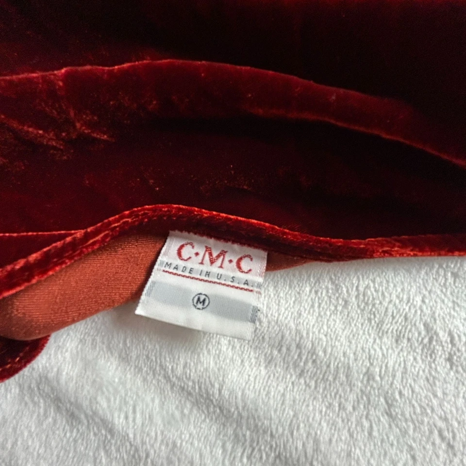 Mini vestido feminino C.M.C veludo vermelho manga longa médio mistura de seda casual feito nos EUA - Imagem 3 de 4