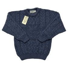 Vintage Aran Crafts Knit Sweater Blue Mens Size Small Wool Fisherman Cable Knit